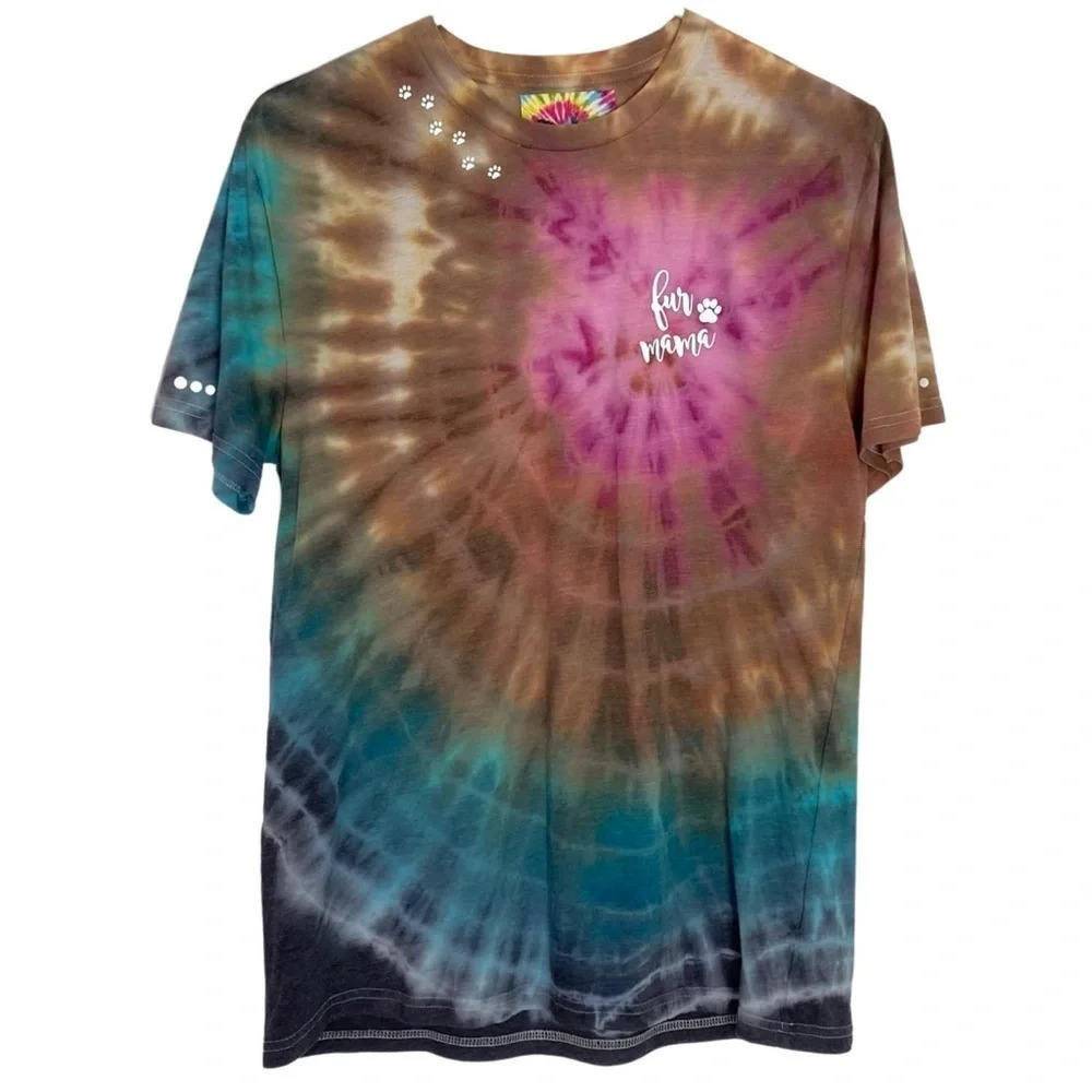 Handmade Fur Mama Tie Dye Tee Womens Small Medium Dog Mom Tshirt Reflective